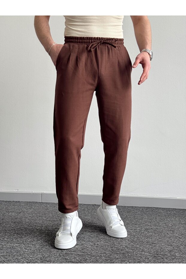 Men's Brown Boyfriend Double Leg Linen Trousers
