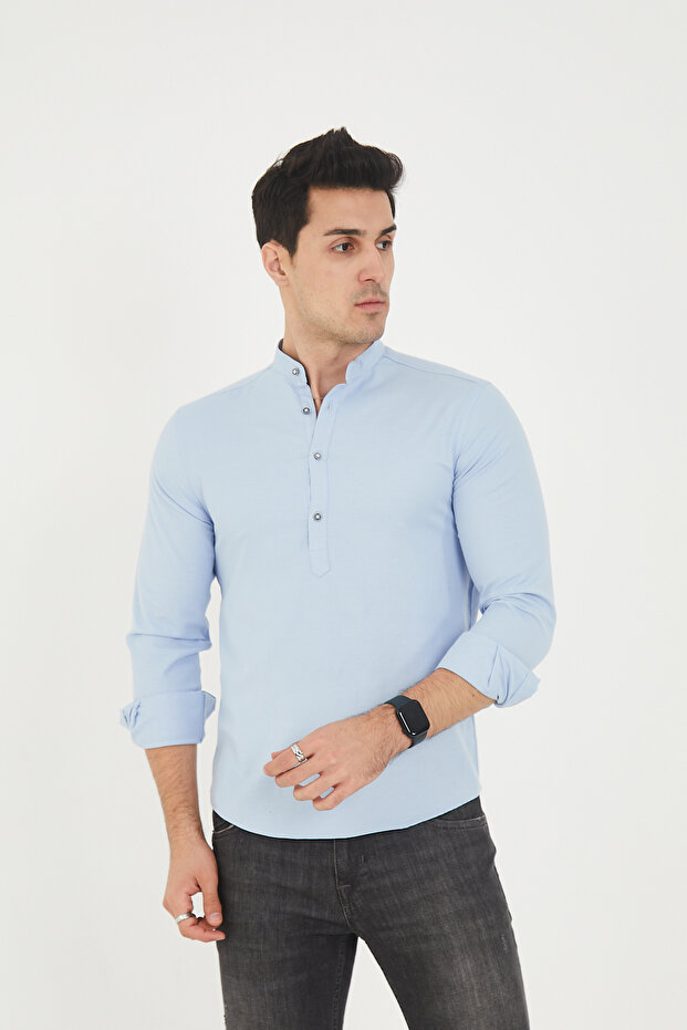 Blue Half Pat Collar Lycra Slim Fit Men's Shirt