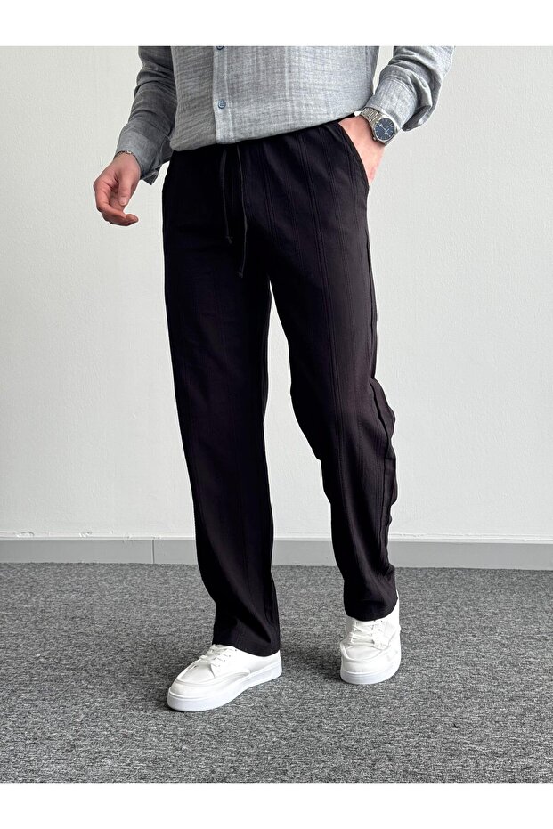 Men's Black Elastic Waist Linen Baggy Pants Comfortable Fit Baggy