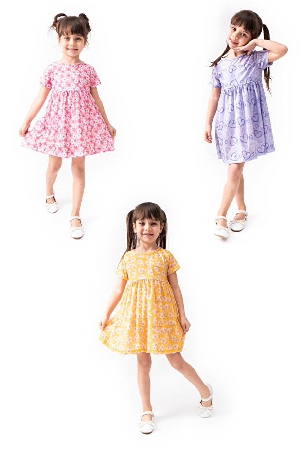 3 Pieces Girl's Printed Short Sleeve Dress