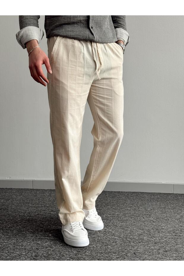 Men's Cream Elastic Waist Linen Baggy Trousers Comfortable Fit Baggy