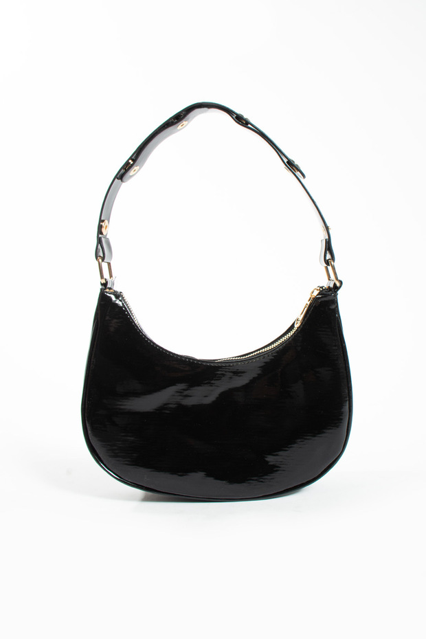 Women's Patent Leather Baguette Leather Hand and Shoulder Bag with Snap Fasteners