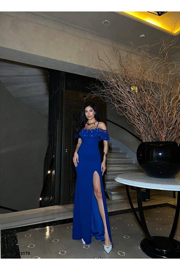 Strappy Stone Slit Long Evening Dress Cobalt Blue 583170