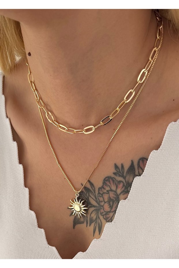 Gold Women's Design Sun Figured Necklace