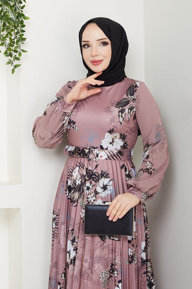 Kadın Baskılı Pliseli Kemerli Elbise - 4