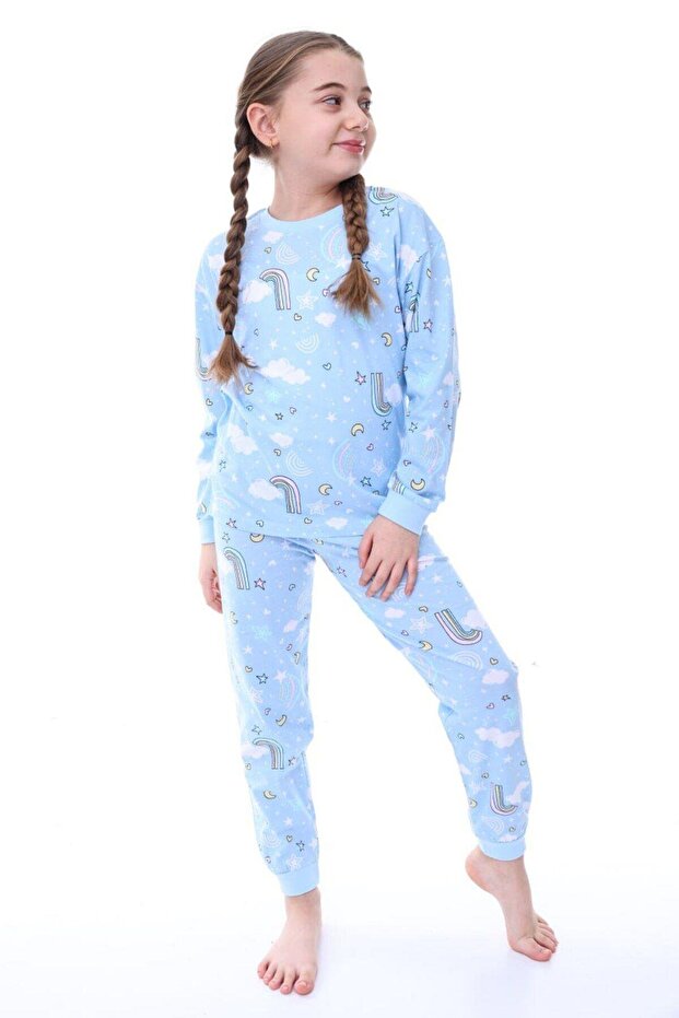 Girl's Rainbow Patterned 100% Cotton Ultra Soft Long Sleeve Pajama Set