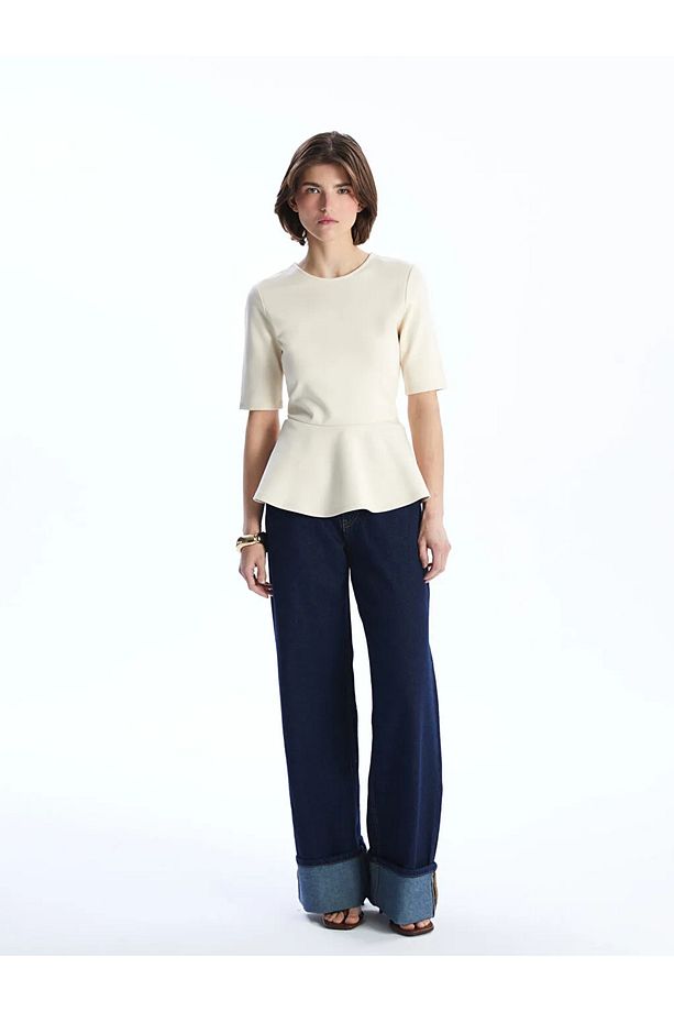 LCW Vision Bej Bisiklet Yaka Peplum Bluz - 2