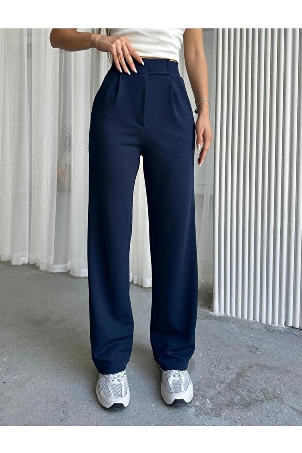 Navy Blue Palazzo Trousers Women's Lycra Velcro Closure Crepe Belt Elastic