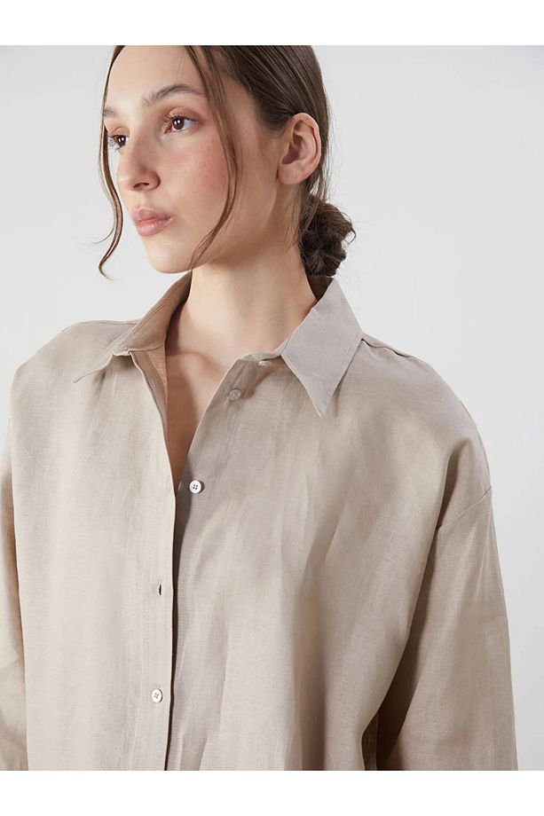 LCW Vision Bej Oversize Keten Kadın Gömlek - 3