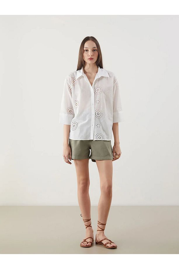 LCW Vision Ekru Ajurlu Oversize Kadın Gömlek - 2