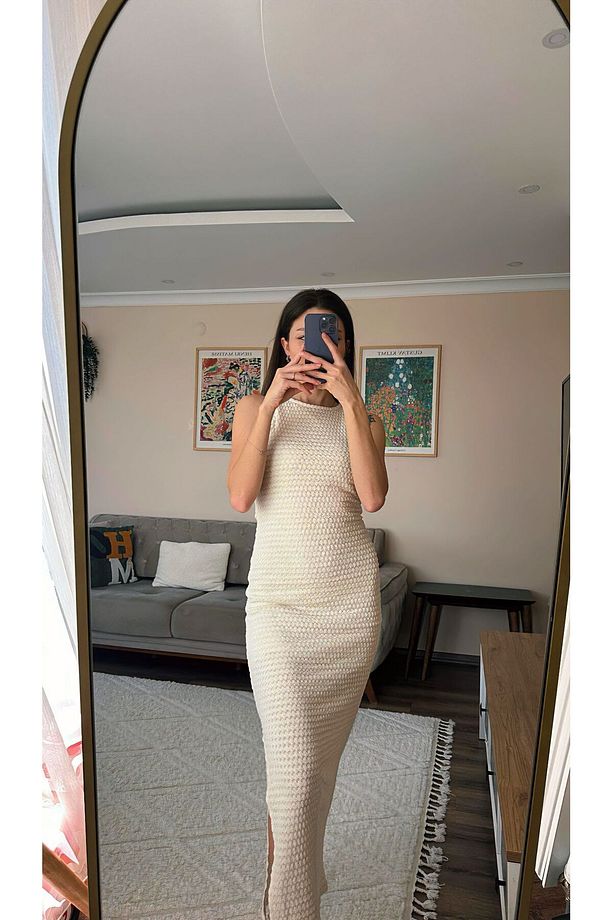 DOKUMA ÖRGÜ KUMAŞ MAXİ BOY ELBİSE - 4