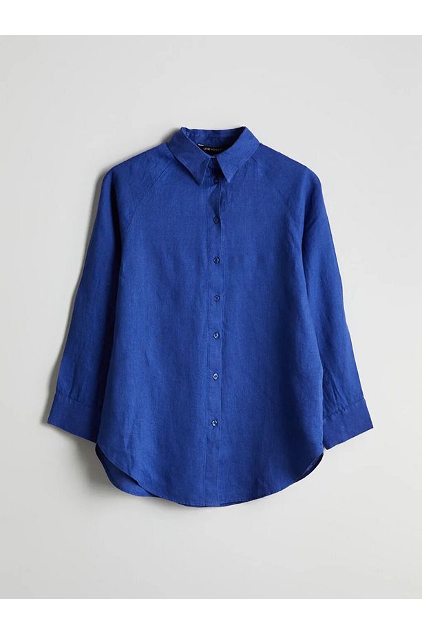 LCW Modest Mavi Oversize Keten Kadın Gömlek - 1