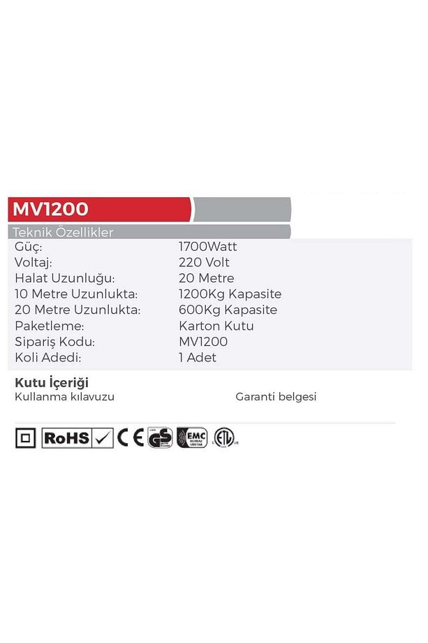 Mytol Mv1200 - Bakır Sargı Elektrikli Yük Kaldırma Vinçi 600-1200 Kg - 2