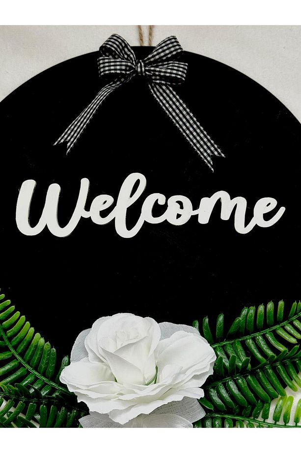 Welcome Yazılı 30 cm Siyah Yuvarlak Kapı Süsü El Yapımı Yapay Güllü Vintage Giriş Dekoru - 4