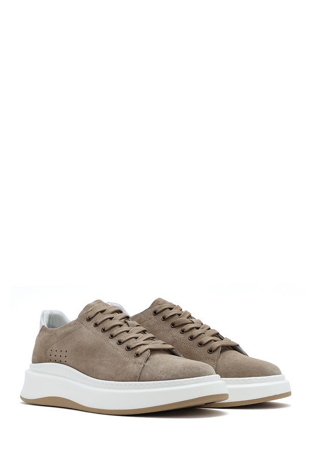 Erkek Bej Bağcıklı Kalın Tabanlı Nubuk Deri Sneaker 25SFD6109V3 - 3