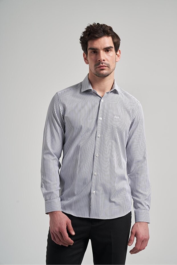 Smoke White Long Sleeve Striped Pattern Italian Collar Cotton Slim Fit Shirt 1004250180