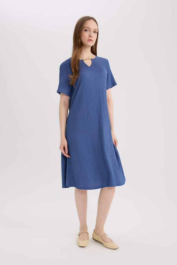 Regular Fit Apaş Yaka Basic Düz Bürümcük Kısa Kollu Midi Yazlık Elbise D3834ax25sm - 1