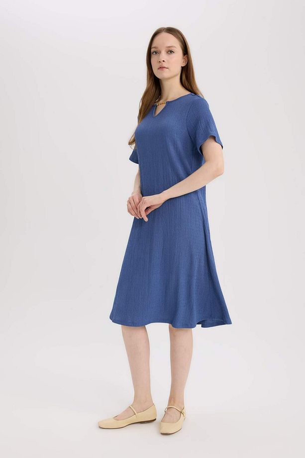 Regular Fit Apaş Yaka Basic Düz Bürümcük Kısa Kollu Midi Yazlık Elbise D3834ax25sm - 3