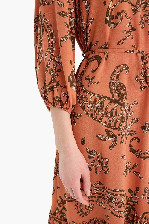 Regular Fit V Yaka Çiçek Desenli Yarım Kollu Midi Elbise F0985ax25sm - 5