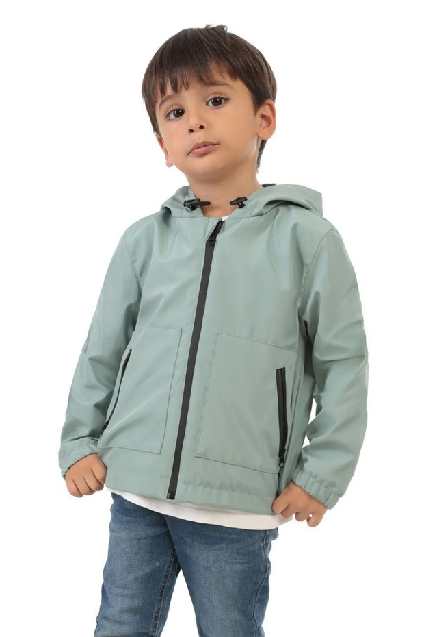 Boy's Mint Green Lined Water and Windproof Hooded Double Zipper Raincoat