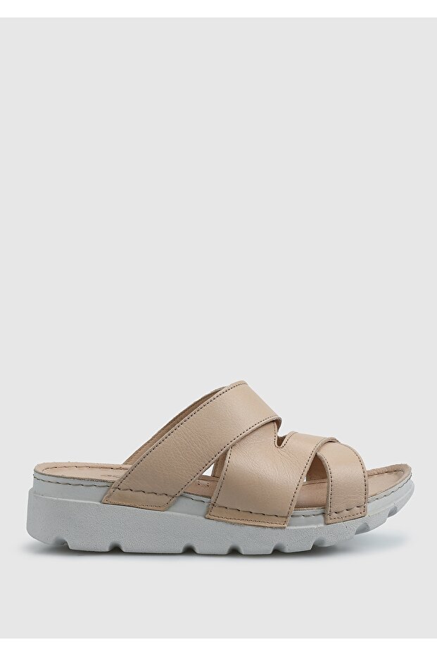 Krem Deri Kadın Terlik - 1