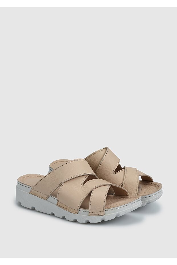 Krem Deri Kadın Terlik - 2