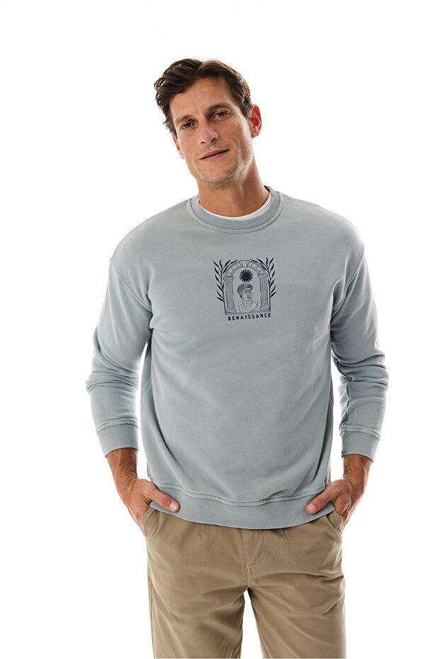 Men's Gray Blue Mythological Printed Oversize Sweatshirt