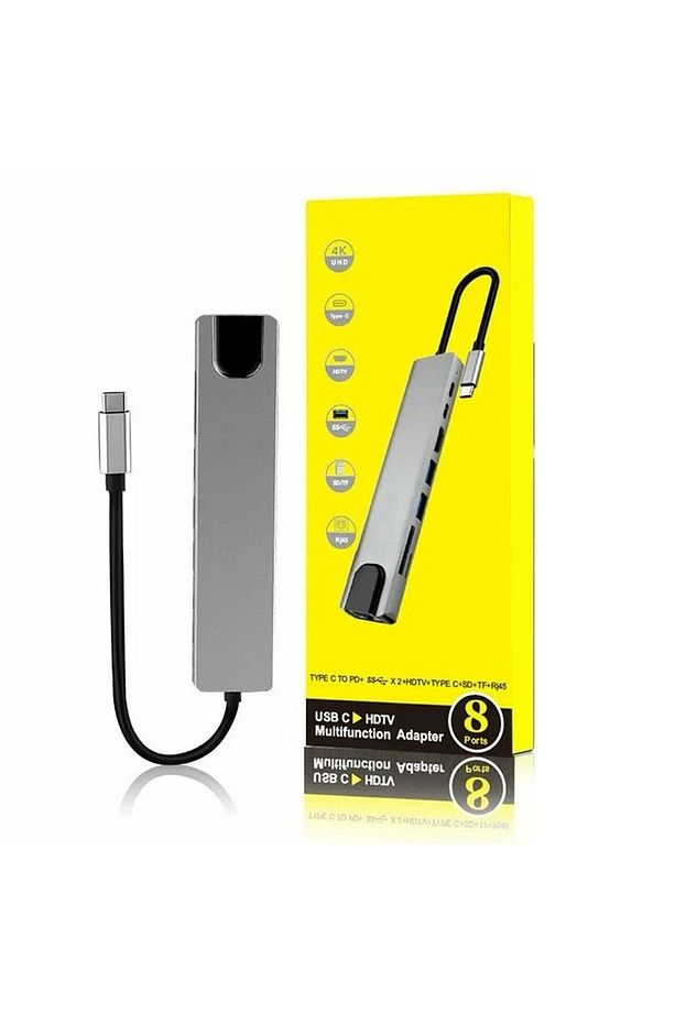 8in1 Type-C HDMI ETHERNET Çevirici Hub Çoğaltıcı HDMI 4K/RJ45/USB/TF/TYPEC Giriş - 8