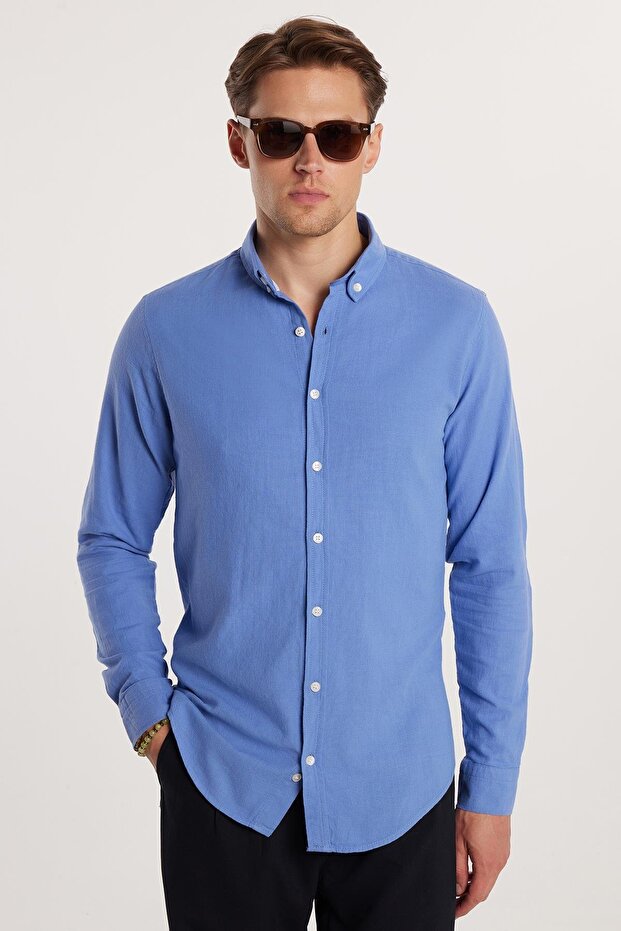 Men's Slim Fit Slim Fit 100% Cotton Linen Texture Button Collar Dark Blue Shirt