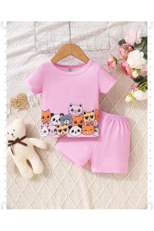 Pink Little Cute Animals Printed Children's Bottom Top Set