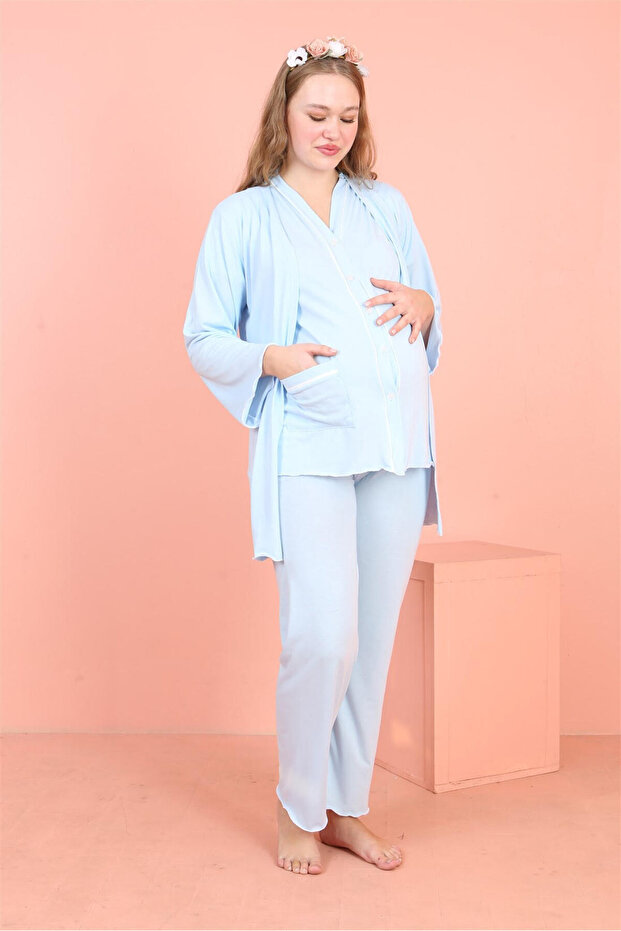 Maternity Long Sleeve Dressing Gown, Buttoned Pocket and Piping Detailed 3-Piece Pajama Set
