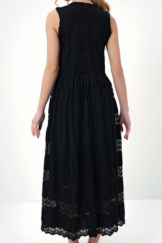 Kadın Siyah Kalın Askılı Motif Işlemeli Astarlı Maxi Boy Elbise Prmx13461 - 4