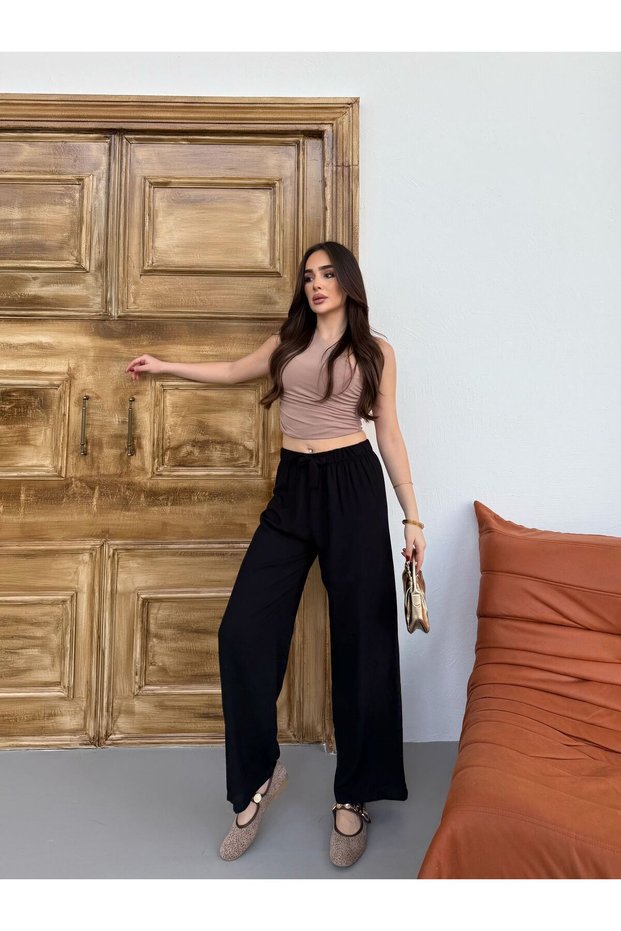 Black Elastic Waist Tie Detail Wide Leg Viscose Palazzo Trousers Vi̇skon-444