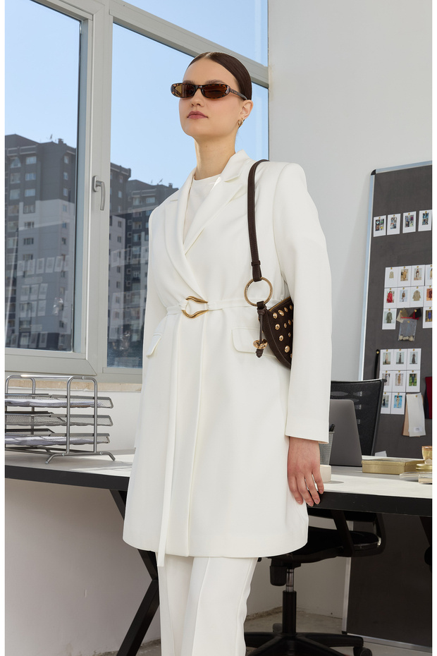 Double Ekru Palazzo Tek Ceket - 2