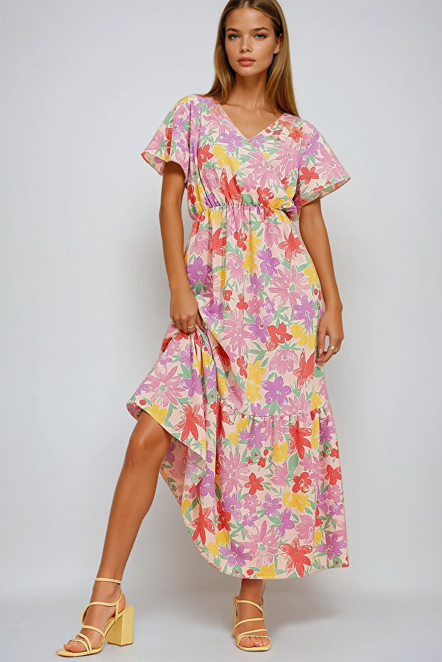 Women's Lilac Floral Patterned Double-Breasted Maxi Length Dress Vgn-X4373