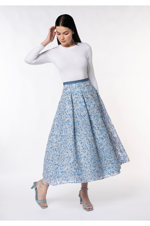 Premium. Burnt Organza Floral Print Pleated Midi (90CM) Princess Skirt