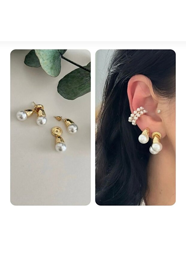 Brand Equivalent Gold Pearl Double Raraflı Earrings Earrings Suitable for Dual Use