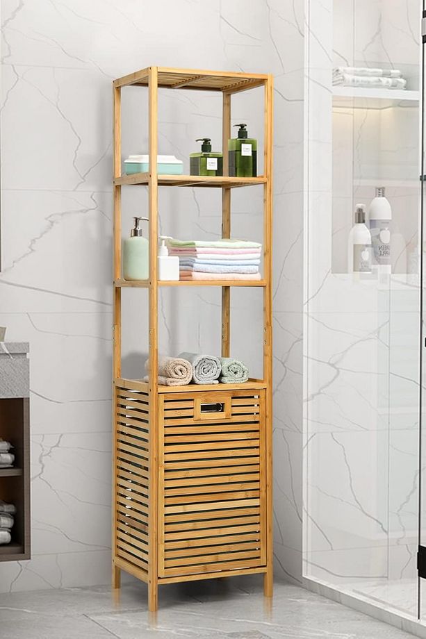 Bambu Çamaşır Sepetli 4 Raflı Banyo Düzenleyici Kirli Sepeti DB-0009H - 2