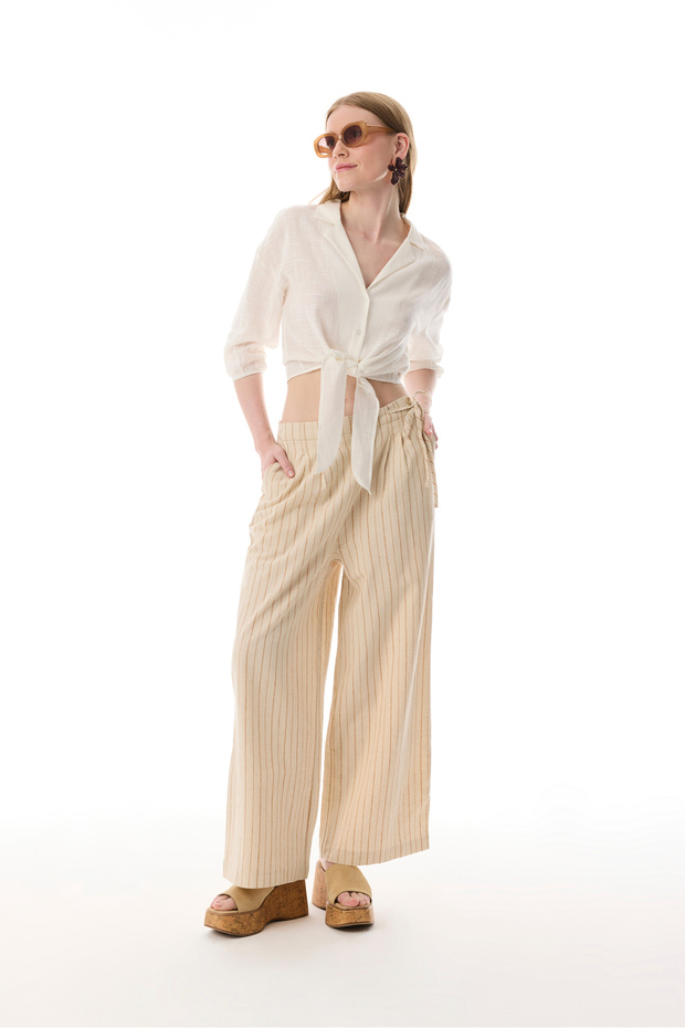 Women's Ecru Linen Blend Striped Cloutte Fit Trousers