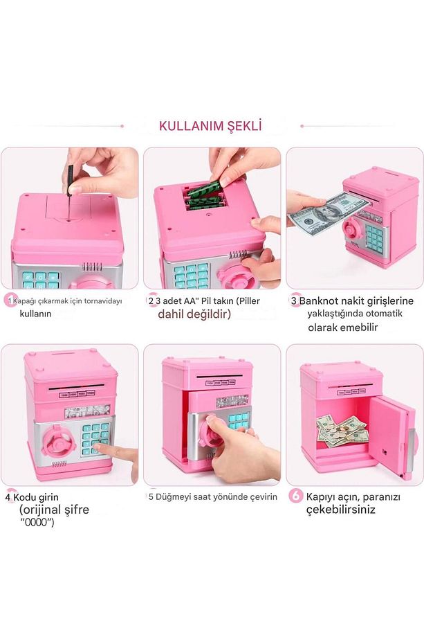 Atm Kumbara Siyah Şifreli Otomatik Kağıt Para Alan Kasa Kumbara Çocuklar Için Eğlenceli PEMBE - 6