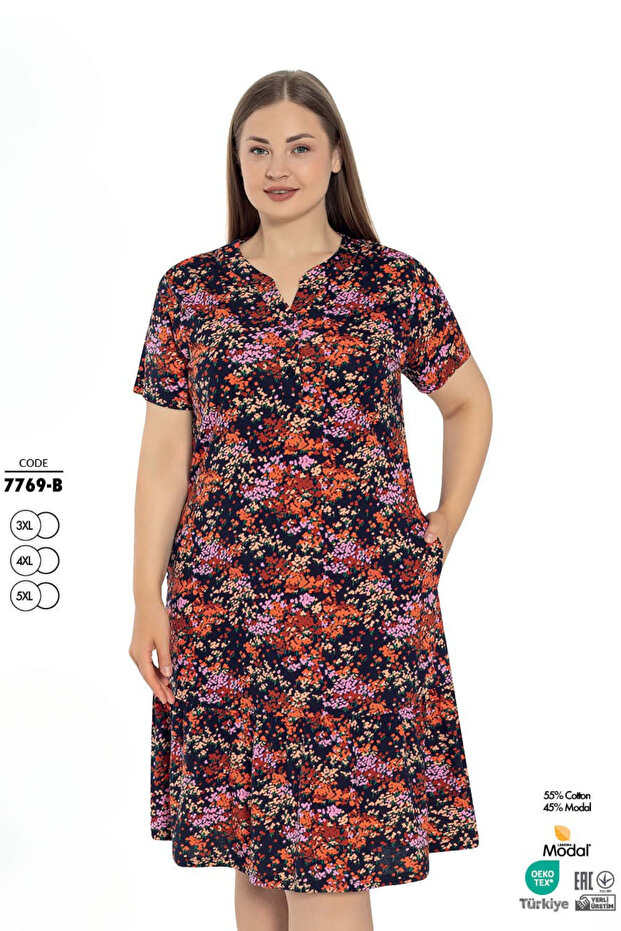 Women's Plus Size Cotton Modal Fabric Button Detailed Patterned Summer Dress - B 7769