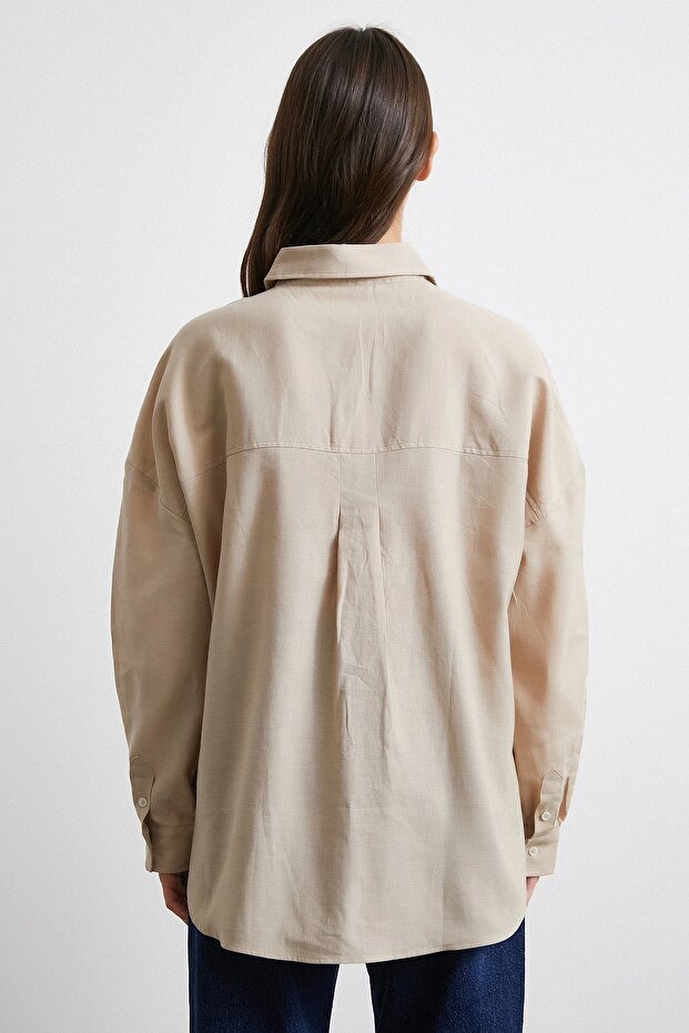 Cepli Oversize Keten Gömlek Bej - 6