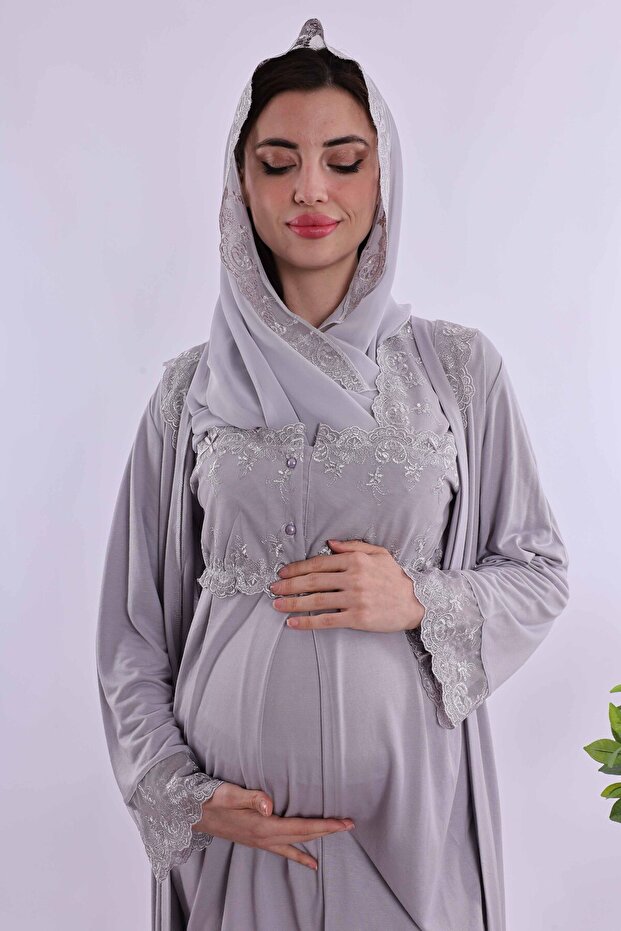 Modest Relaxed Fit Robe Maternity Postpartum Pajama Set Effortt - Gray