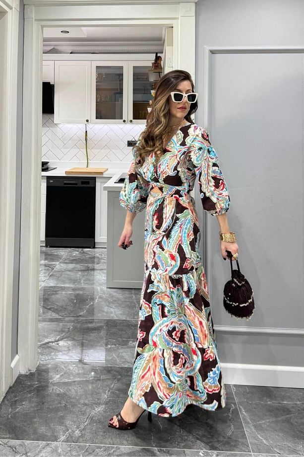 Desenli Önü Dekolteli Poplin Elbise Multi Color - 3