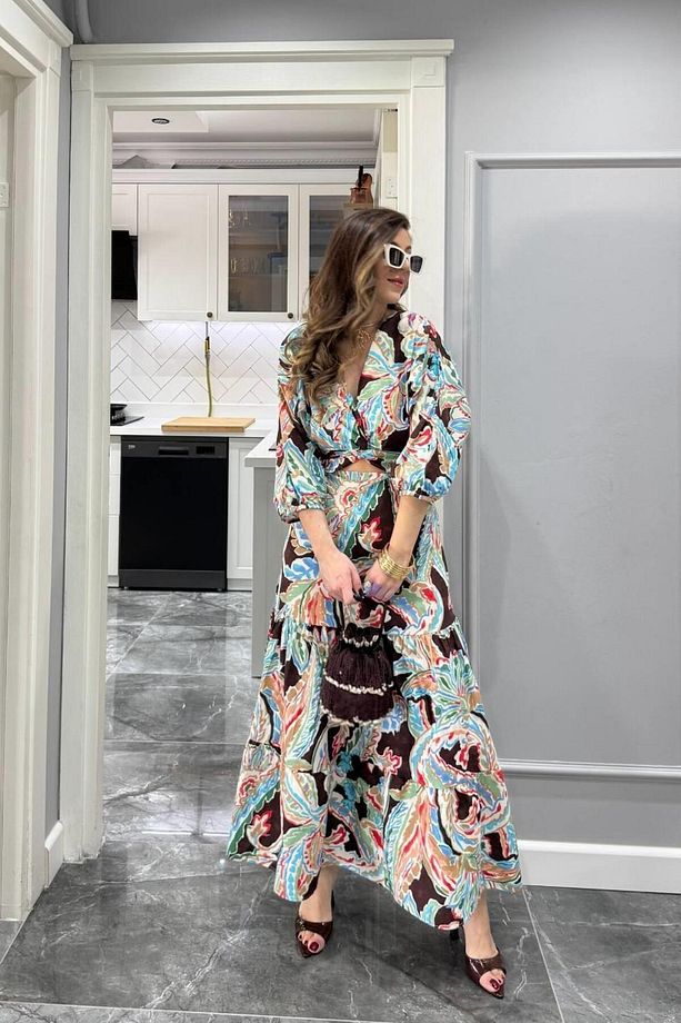 Desenli Önü Dekolteli Poplin Elbise Multi Color - 5