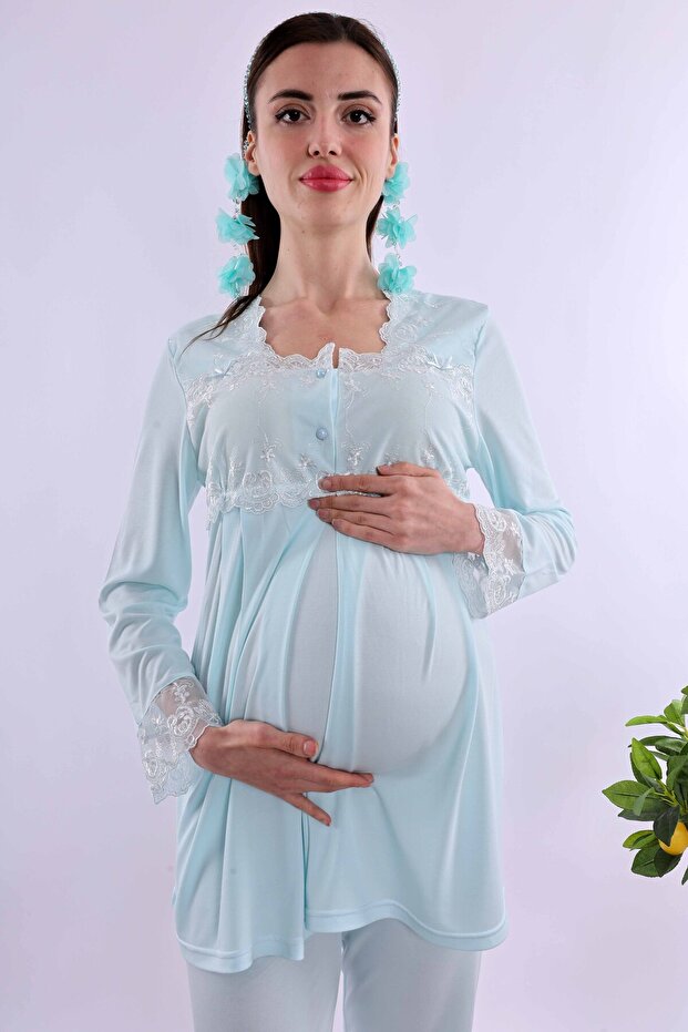 Breastfeeding-Friendly Cotton Maternity Pajama Set - Elastic Waist Effortt - Turquoise