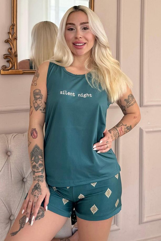 Zümrüt Silent Desenli Sıfır Kol Şortlu Örme Kadın Pijama Takımı - 1
