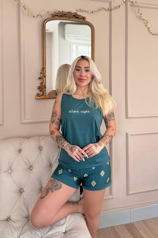 Zümrüt Silent Desenli Sıfır Kol Şortlu Örme Kadın Pijama Takımı - 4