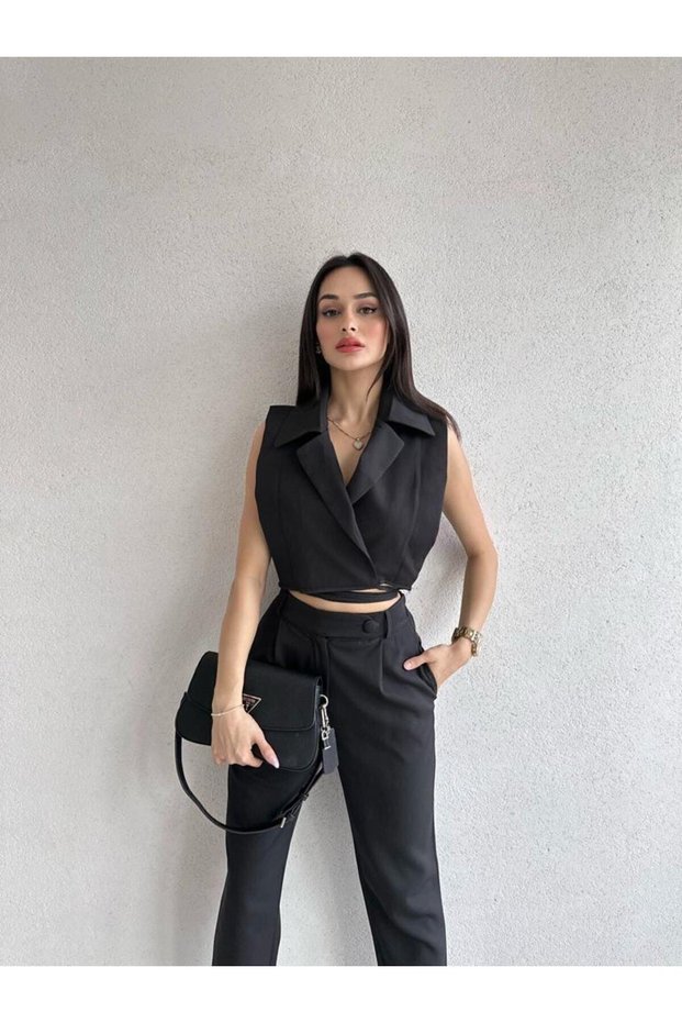 Tie Detailed Design Dress Black Trousers Vest Set