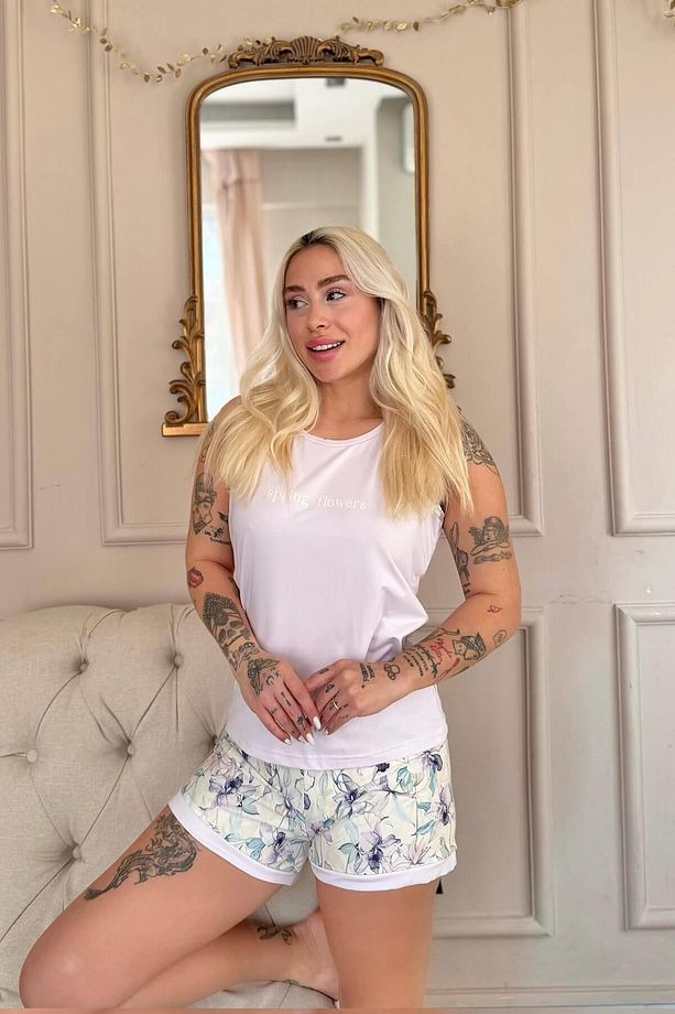 Lila Spring Flowers Desenli Sıfır Kol Şortlu Örme Kadın Pijama Takımı - 4